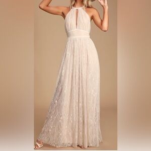 Lulus Dollie off white lace halter maxi dress, XS